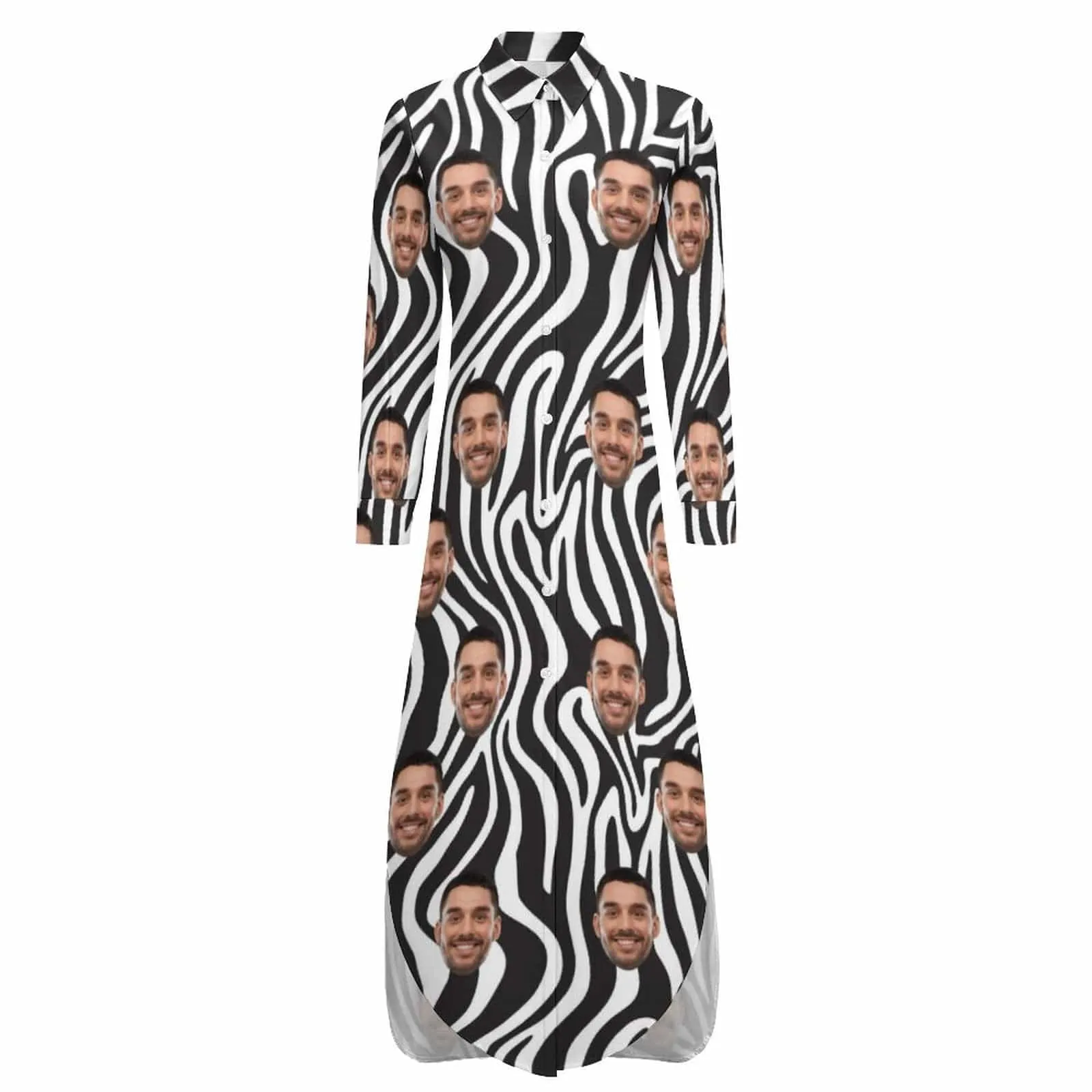 Custom Face Button Down Longline Shirts Zebra Women's Long Sleeved Shirt Dress Casual Loose Maxi Dresses