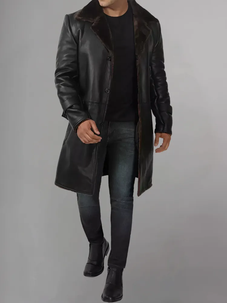 Dark Brown Shearling Leather Winter Coat Mens