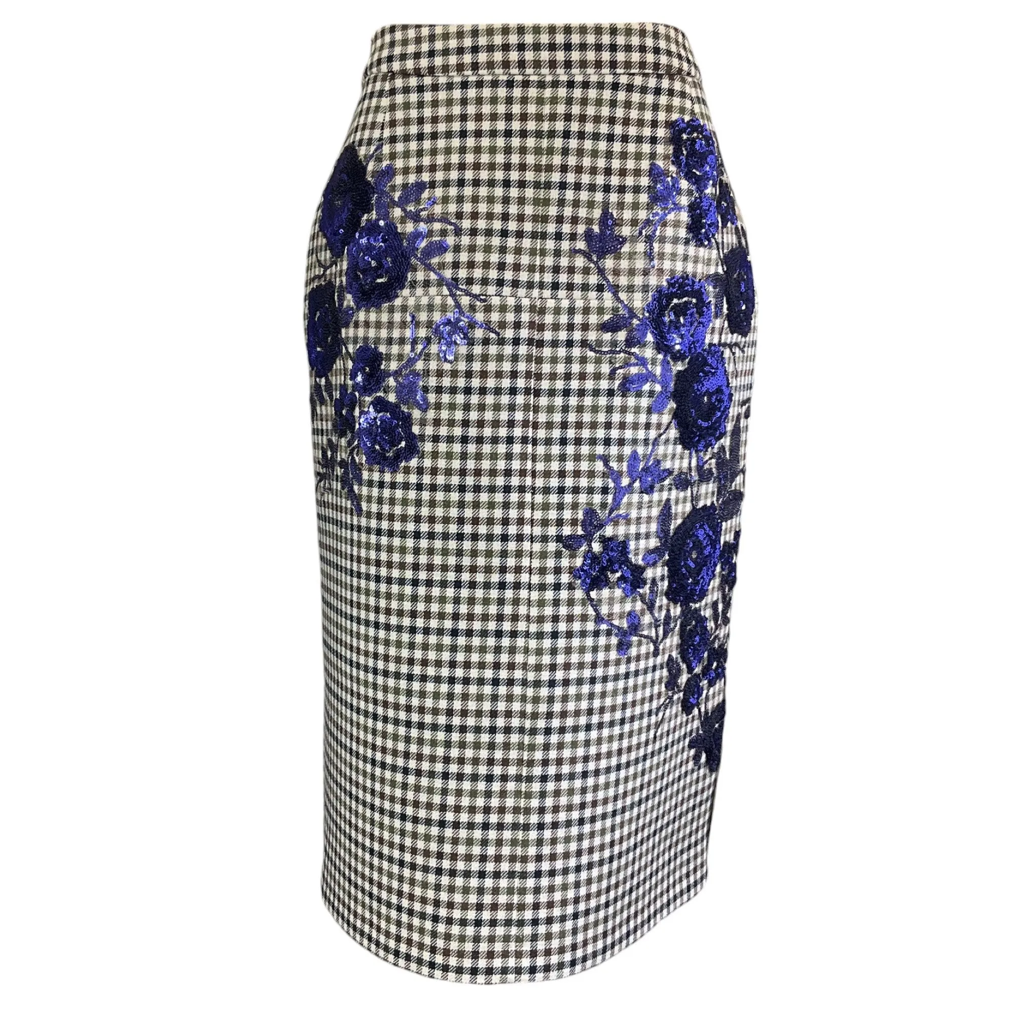 Dice Kayek Indigo Sequin Embroidered Checkered Midi Skirt