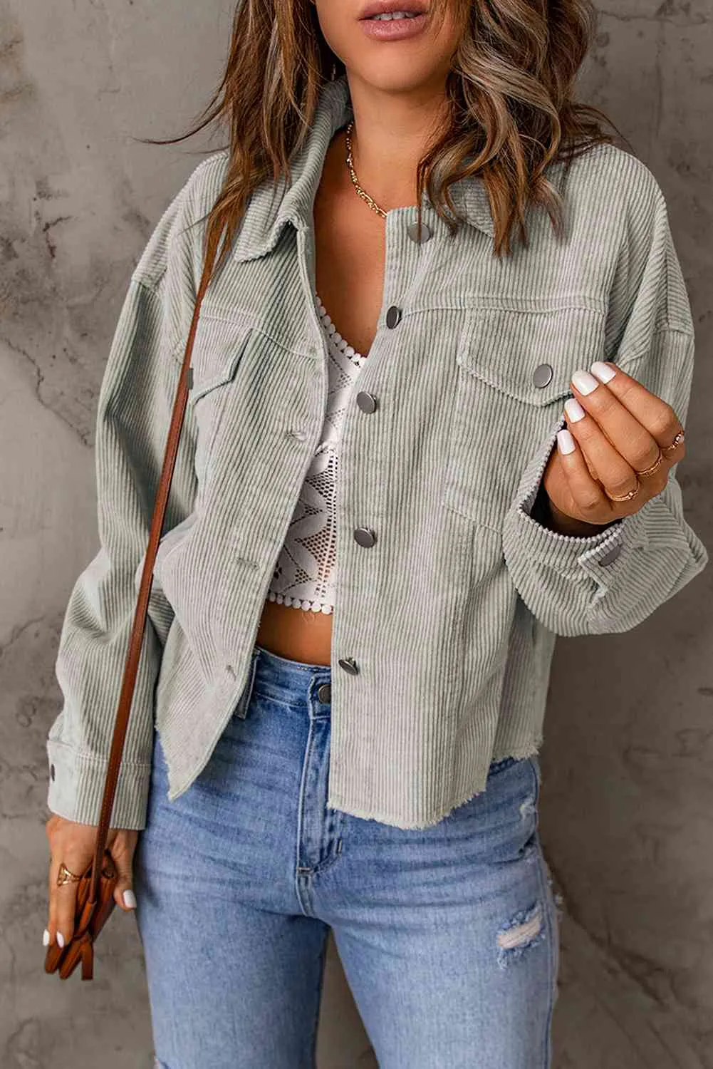 Double Take Raw Hem Button Down Corduroy Jacket with Pockets