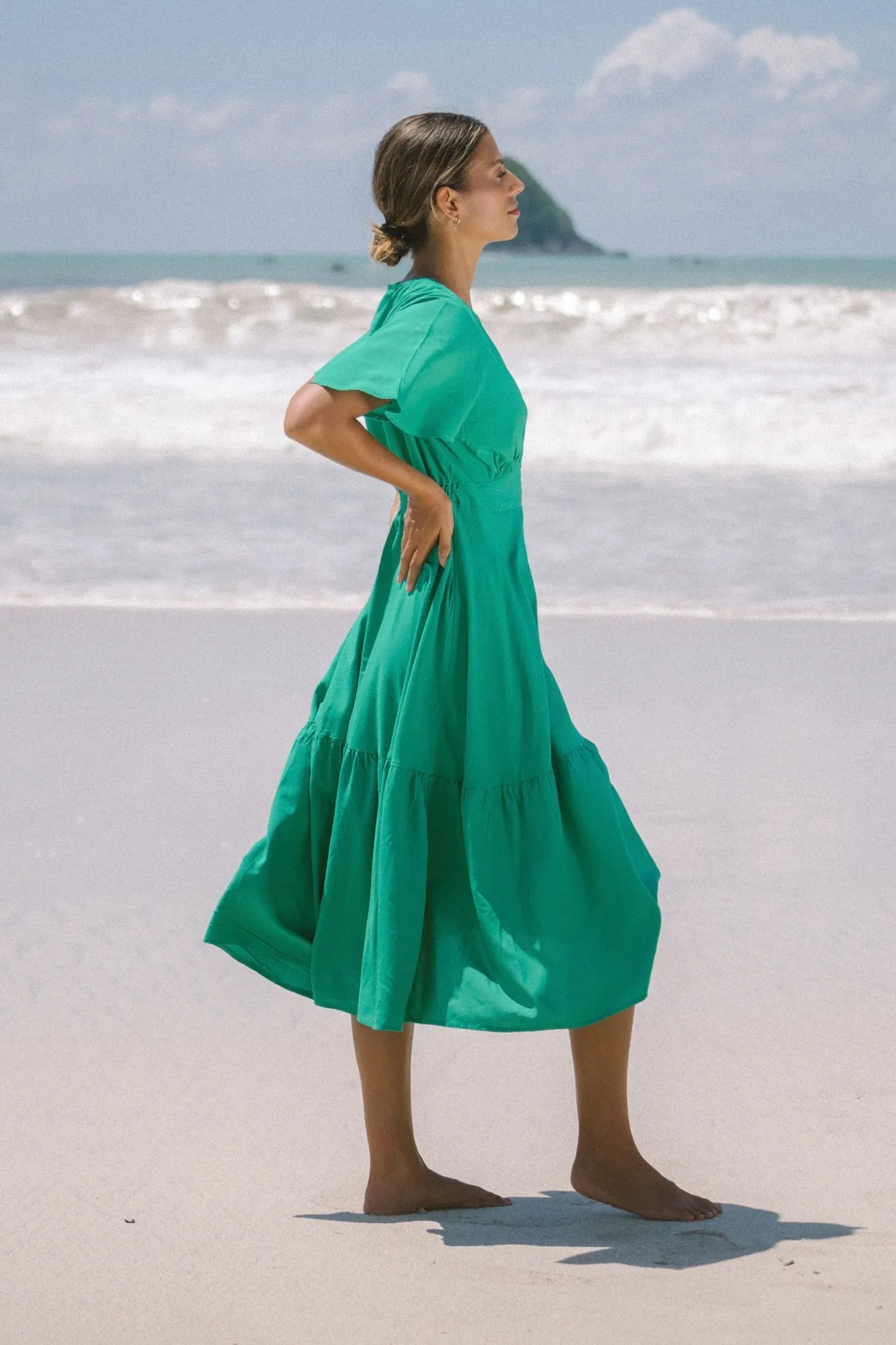 Elivia Green Flared Sleeve Midi Dress