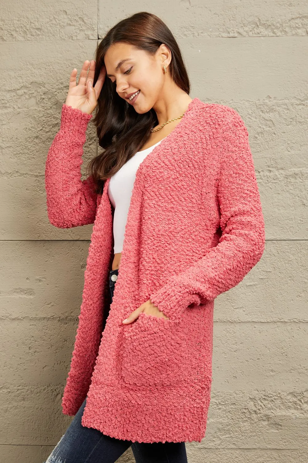 Falling For You Open Front Popcorn Cardigan