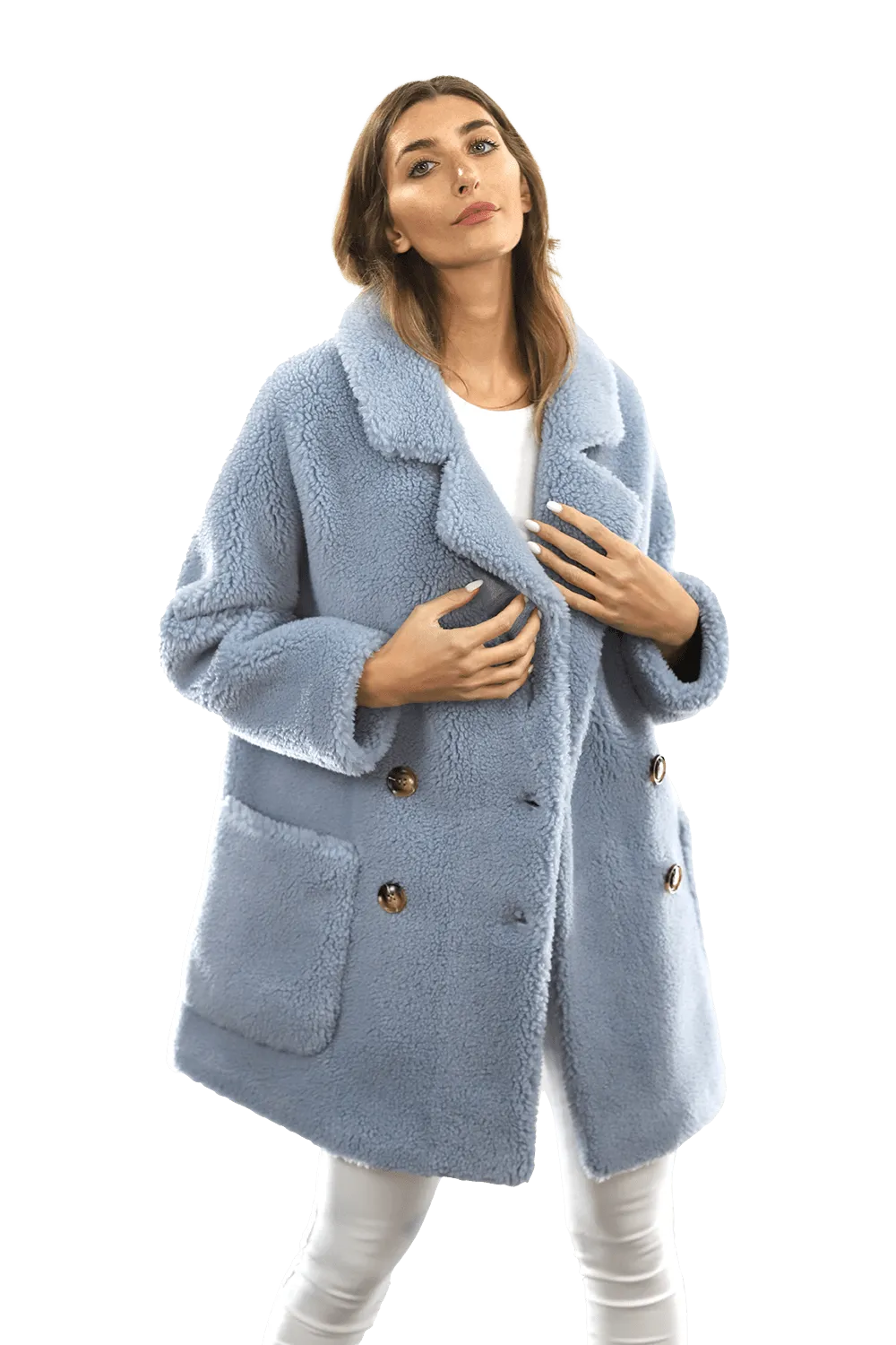 Faux Fur Teddy Coat with Pockets - Blue