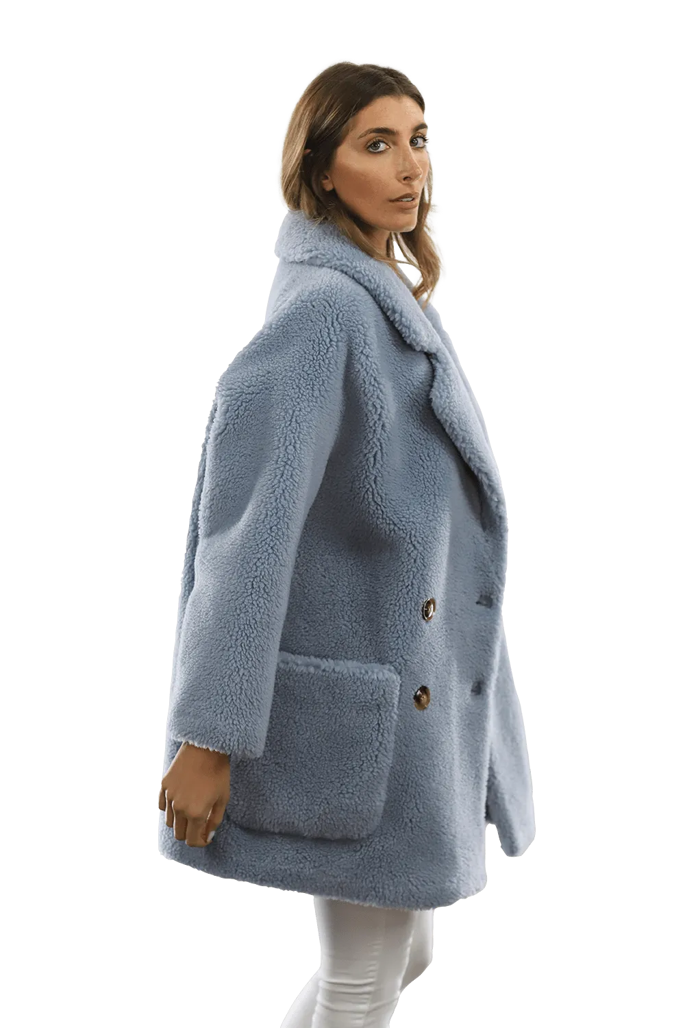 Faux Fur Teddy Coat with Pockets - Blue