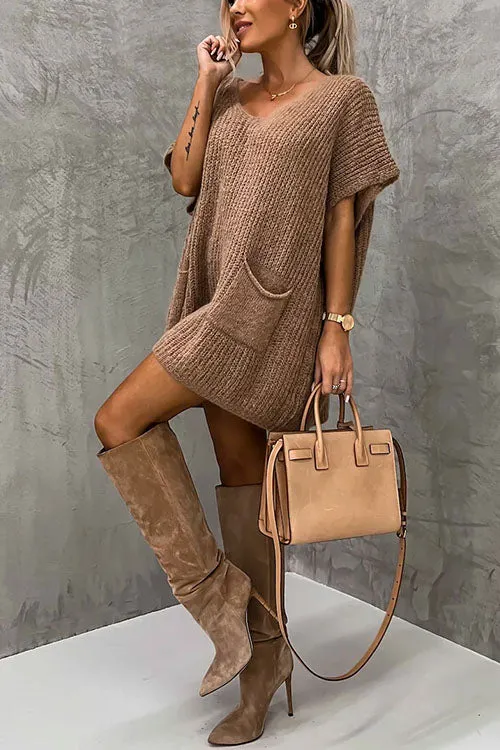 Febedress Oversized V Neck Short Sleeves Pocketed Poncho Sweater