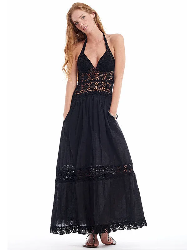 Filigree Halter Maxi Dress - Black