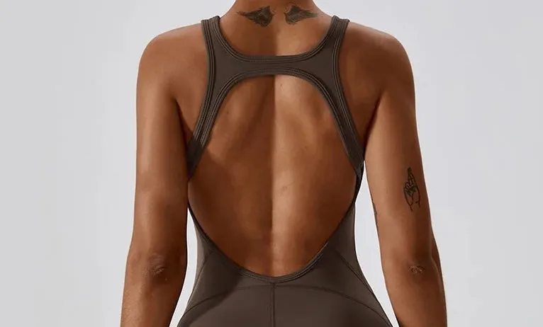 Flare Leg Cut Out Back Jumpsuit in Chocolate