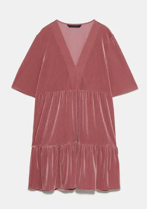 Flared Velvet Dress Deep V Neck / Ruffled Edges