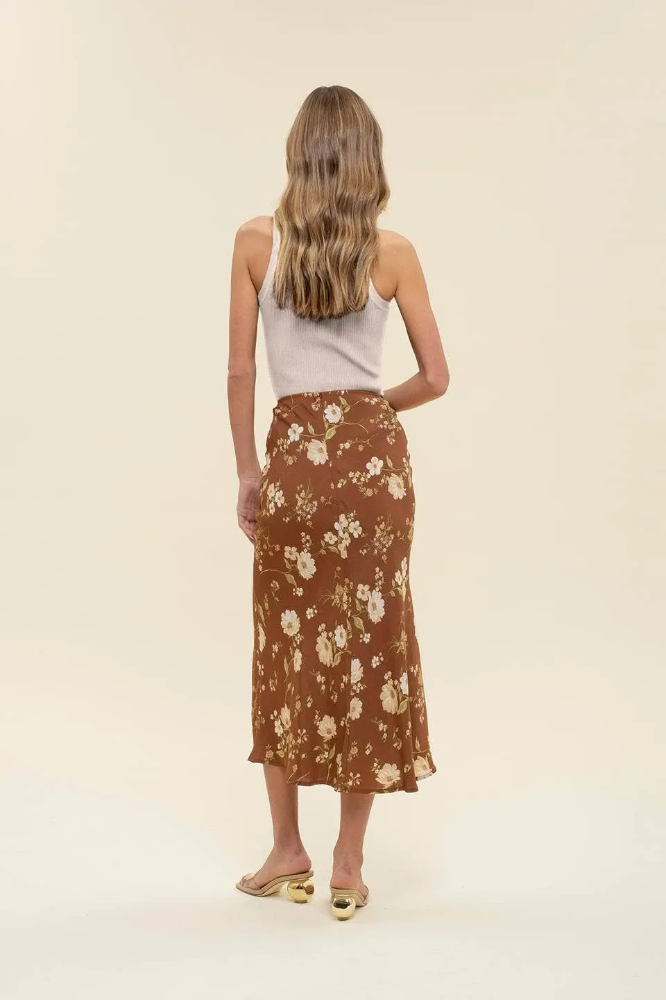 FLORAL HIGH WAIST SIDE SLIT BIAS MIDI SKIRT