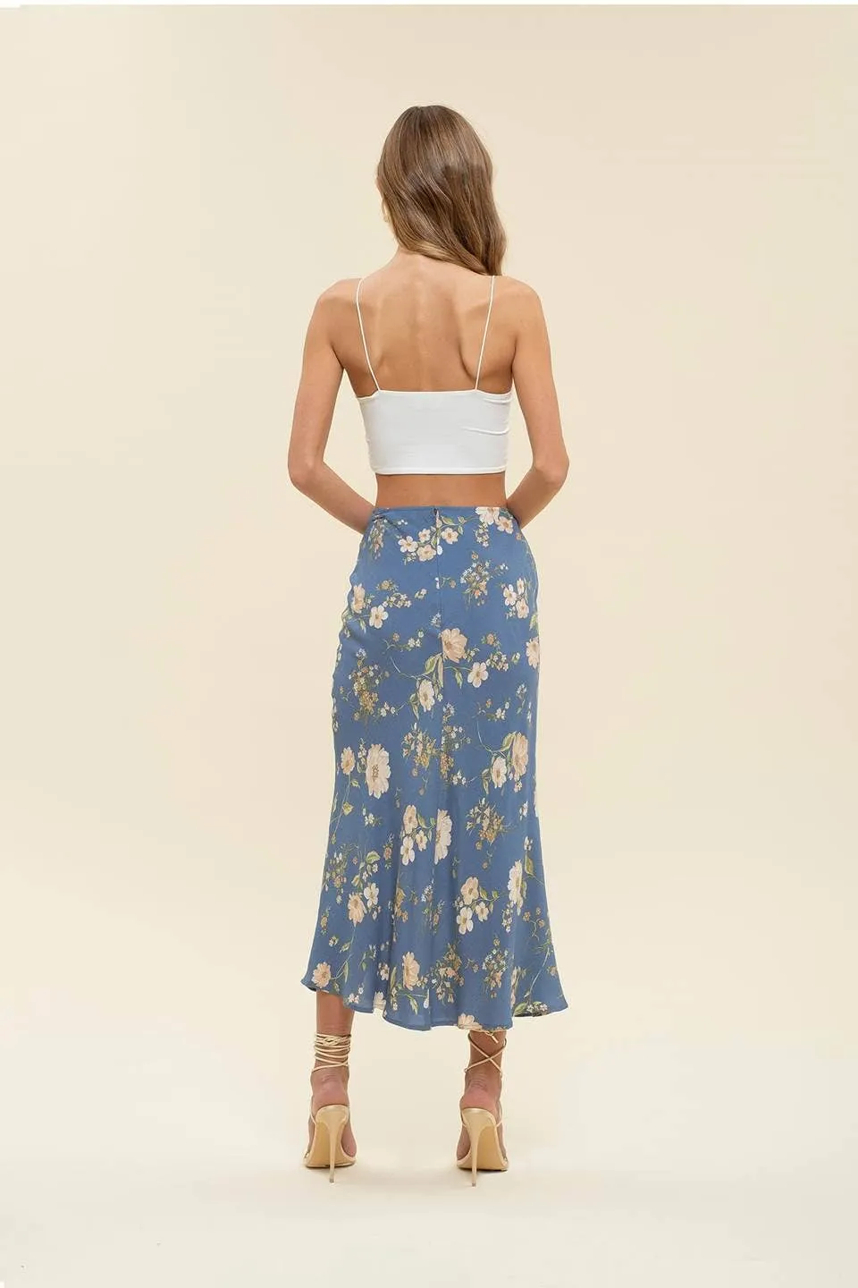 FLORAL HIGH WAIST SIDE SLIT BIAS MIDI SKIRT