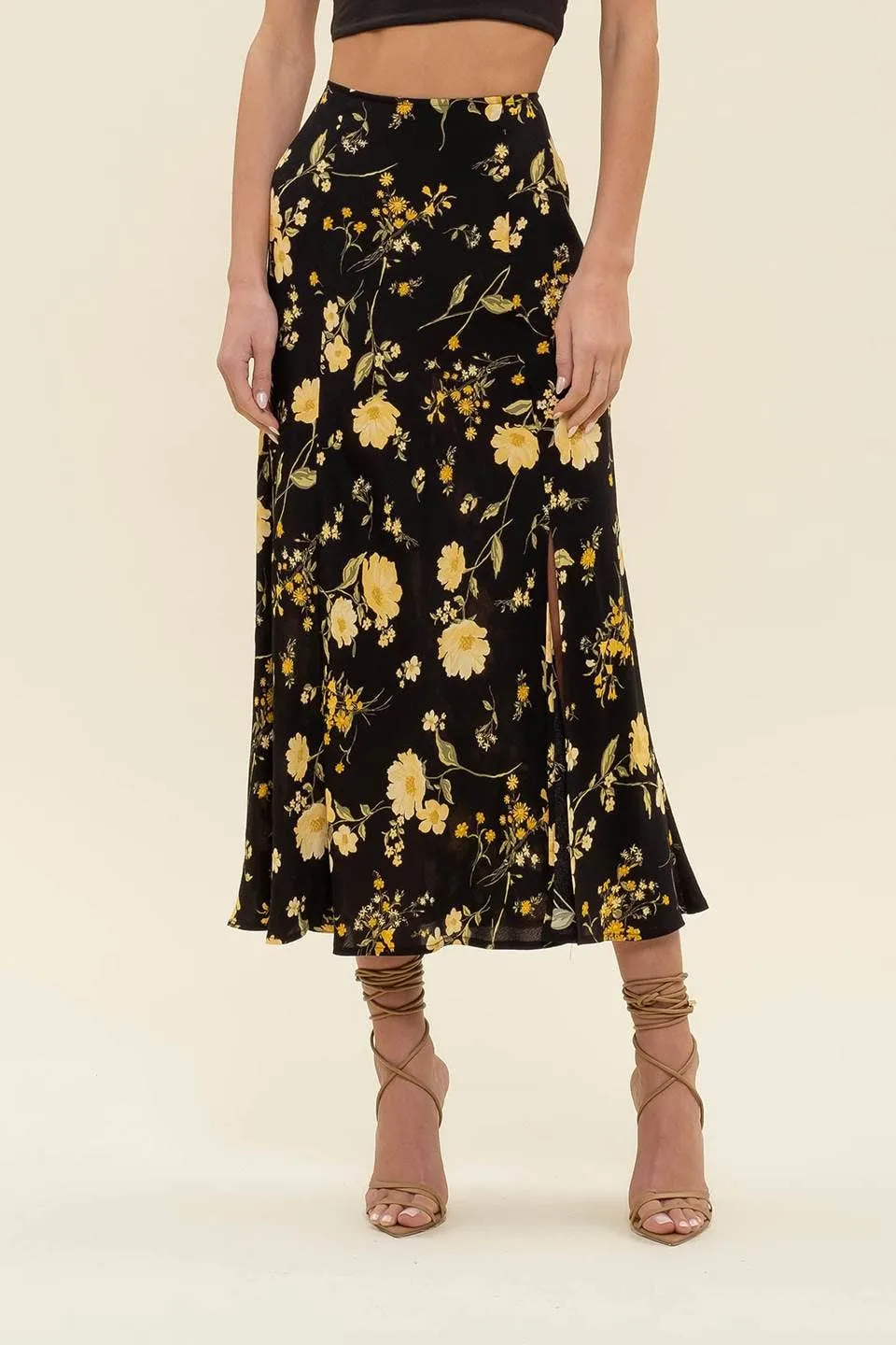 FLORAL HIGH WAIST SIDE SLIT BIAS MIDI SKIRT