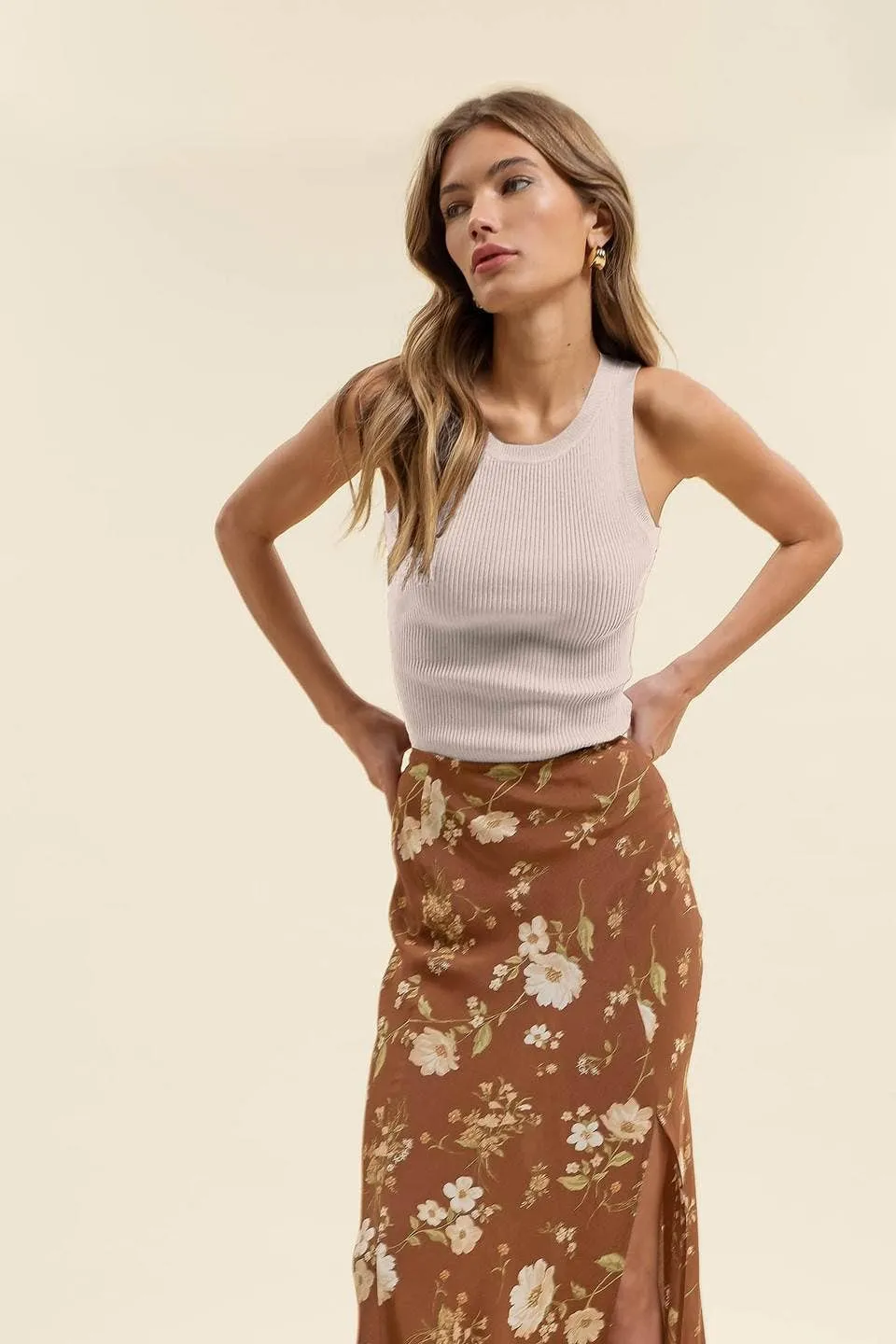 FLORAL HIGH WAIST SIDE SLIT BIAS MIDI SKIRT