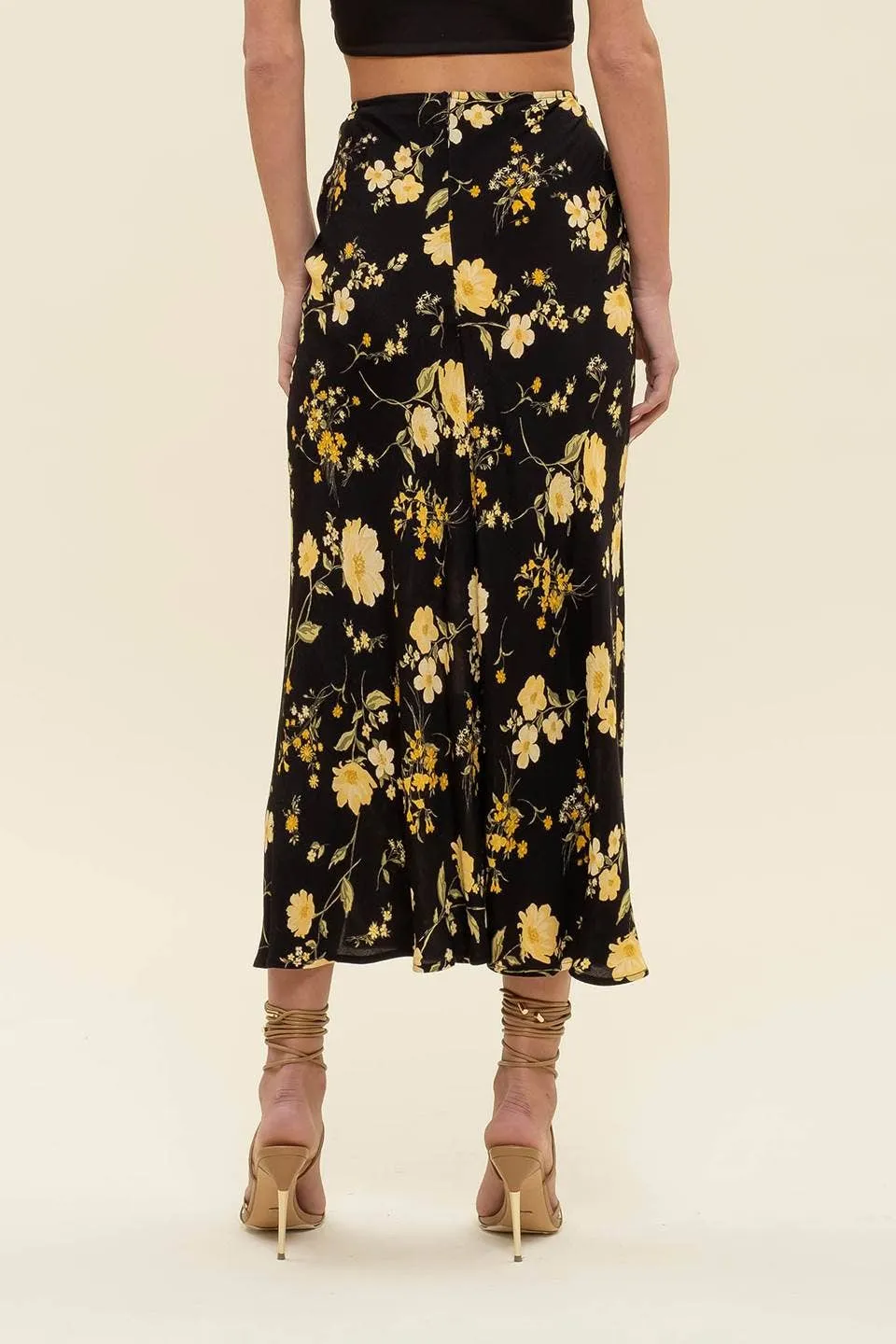 FLORAL HIGH WAIST SIDE SLIT BIAS MIDI SKIRT