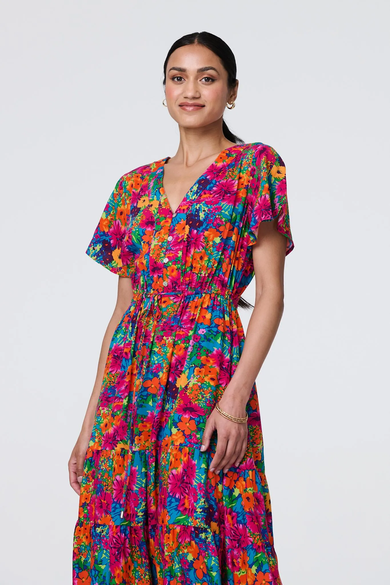 Floral Short Sleeve Tie Waist Dress