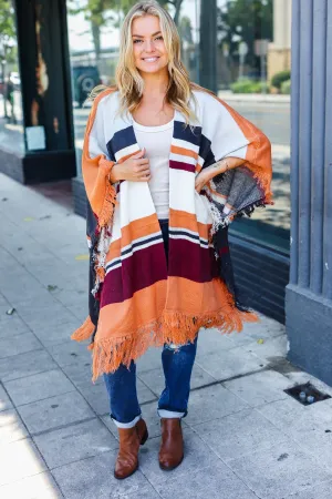 Follow Me Rust Multicolor Stripe Tassel Fringe Open Poncho