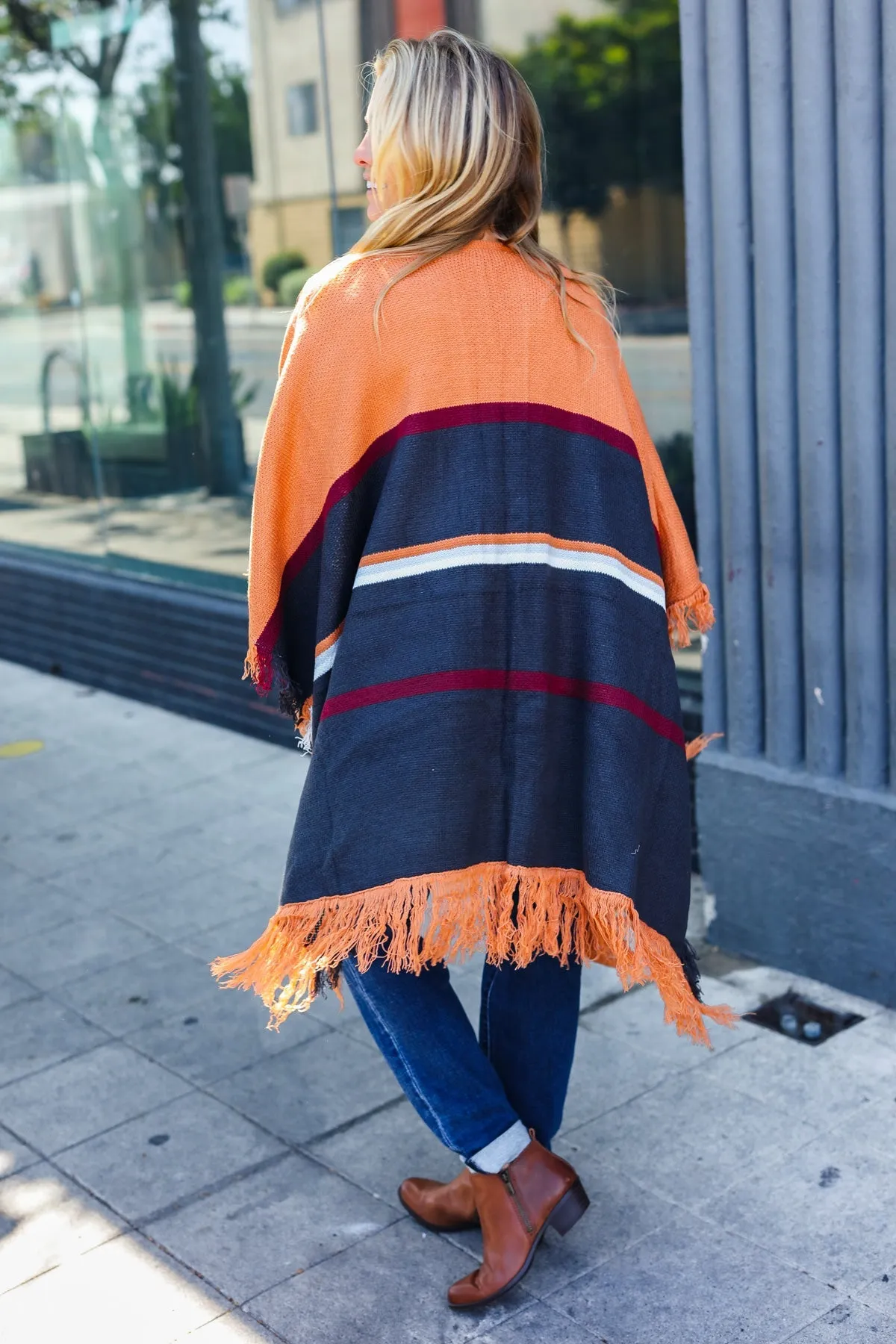 Follow Me Rust Multicolor Stripe Tassel Fringe Open Poncho