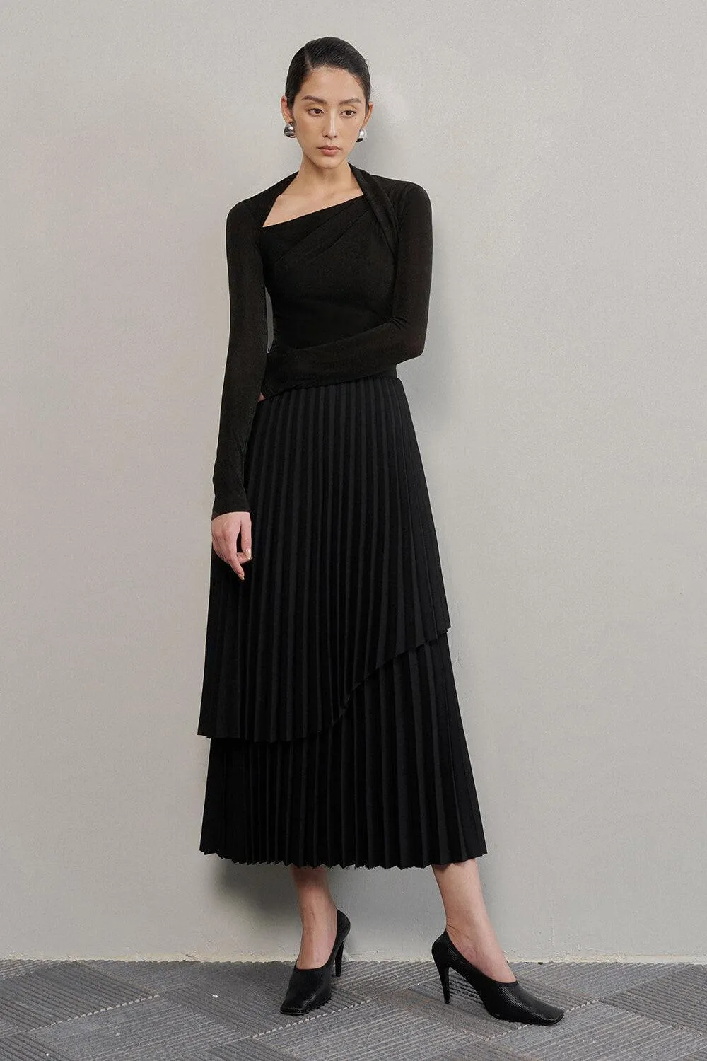 Ginkgo Pleated High Waist Cotton Midi Skirt