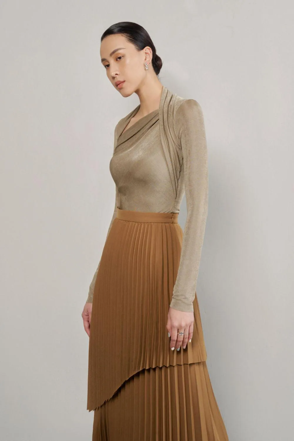 Ginkgo Pleated High Waist Cotton Midi Skirt