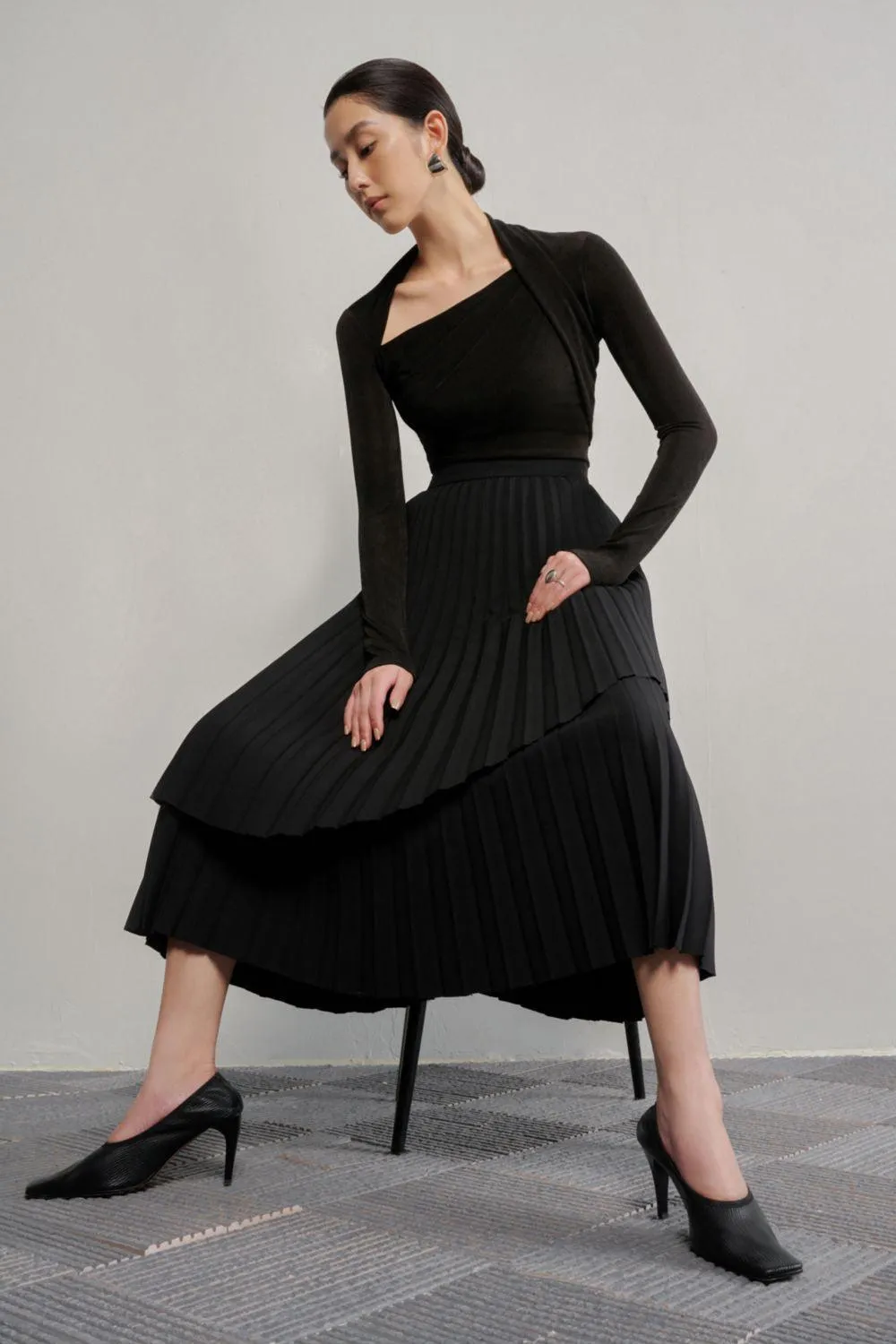 Ginkgo Pleated High Waist Cotton Midi Skirt