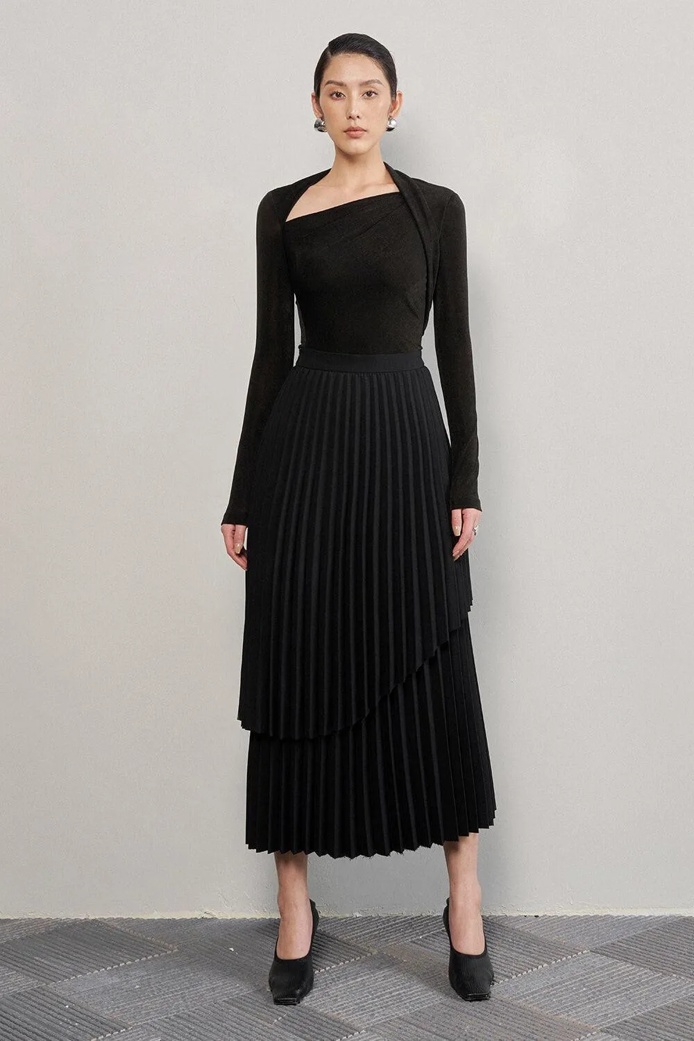 Ginkgo Pleated High Waist Cotton Midi Skirt