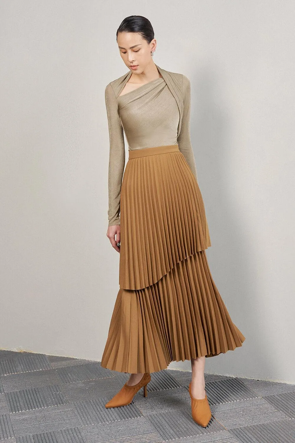 Ginkgo Pleated High Waist Cotton Midi Skirt