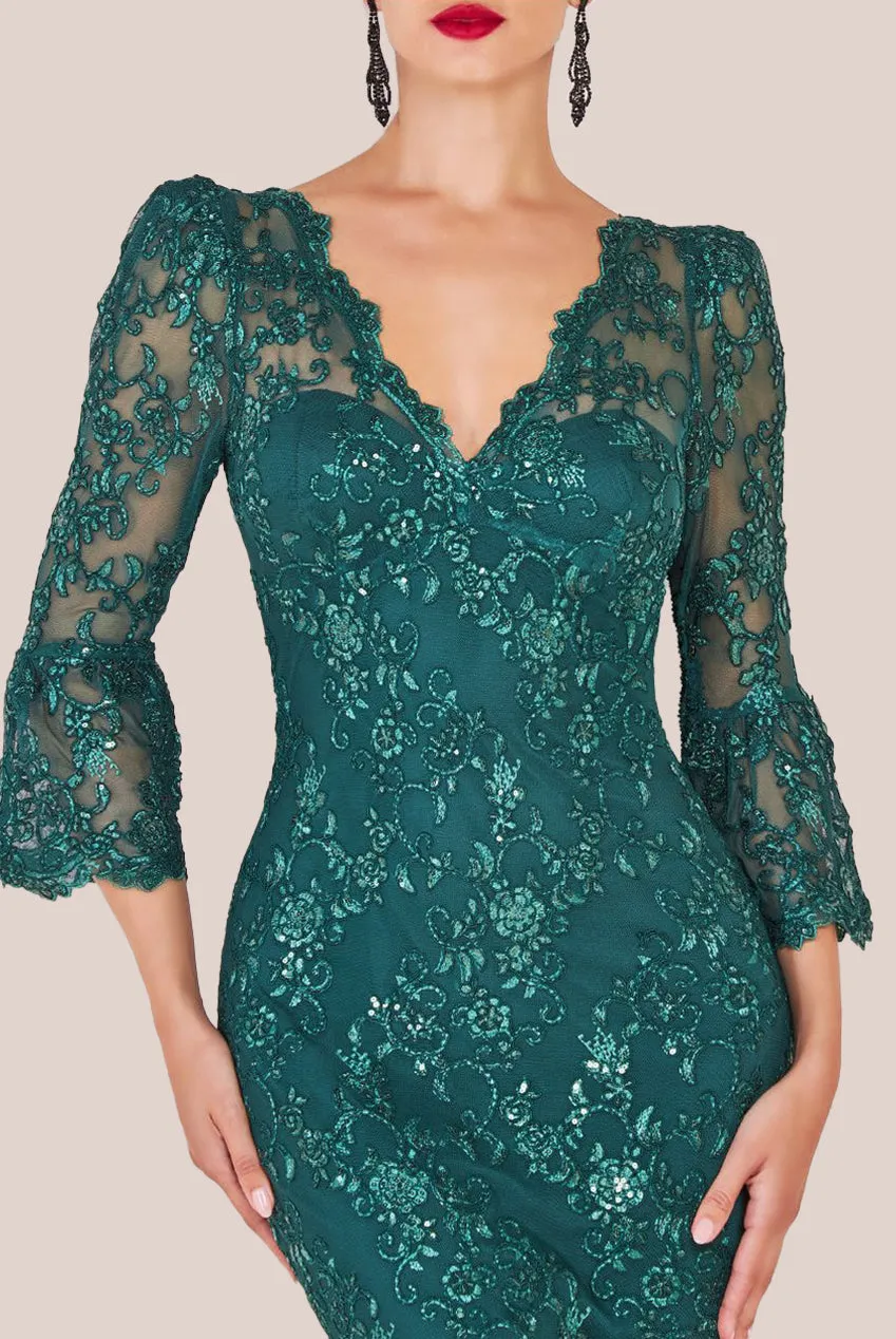 Goddiva Sequin Scallop Lace Midi Dress - Emerald Green