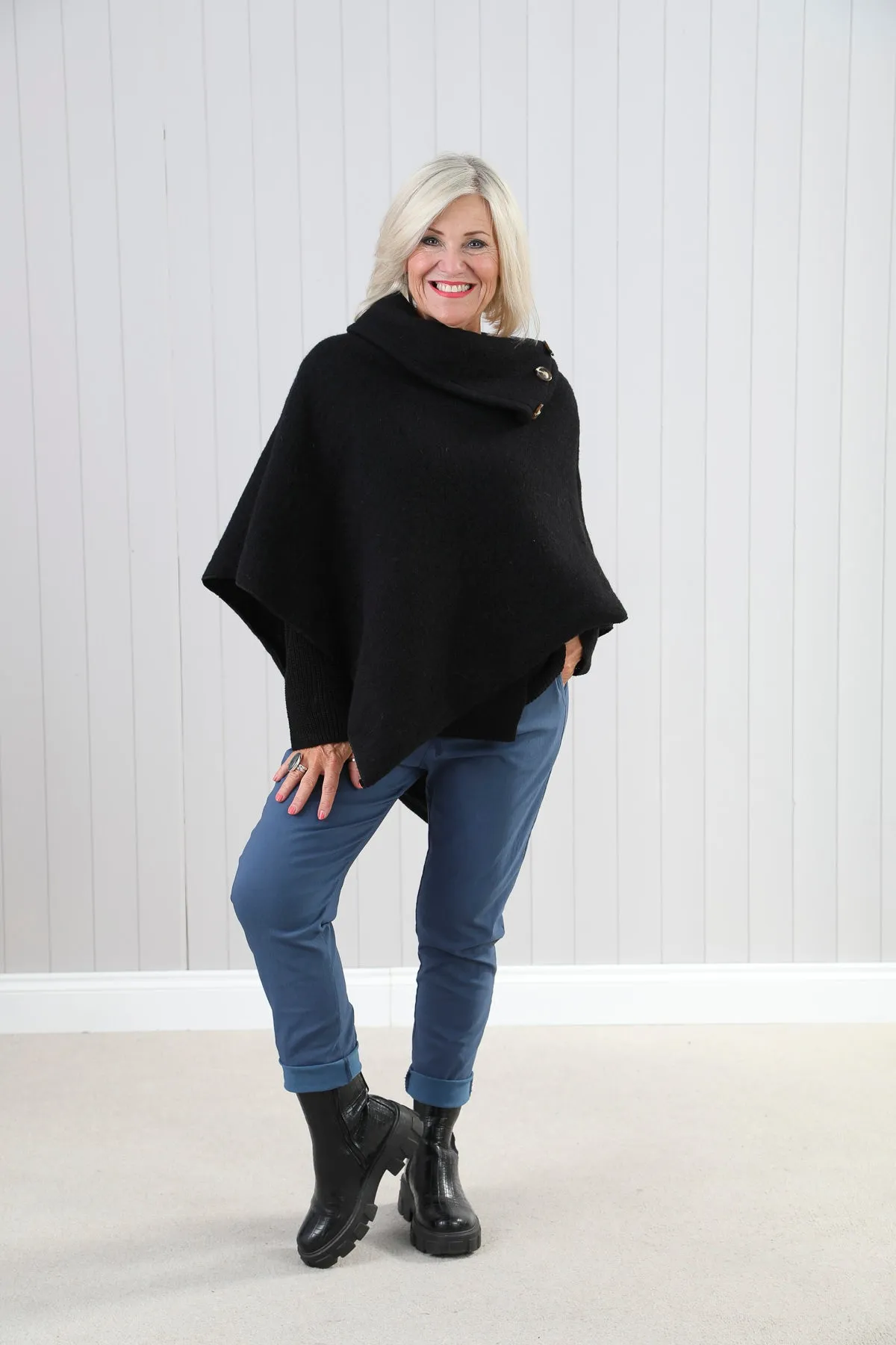 Goose Island 4353 Woollen Blend Three Button Asymmetric Cowl Neck Poncho (5 Colours)