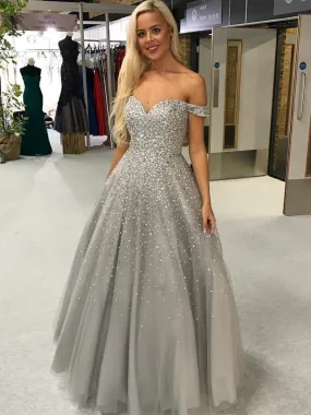 Gorgeous Off Shoulder Silver Grey Sequins Long Prom, Off Shoulder Grey Formal Evening