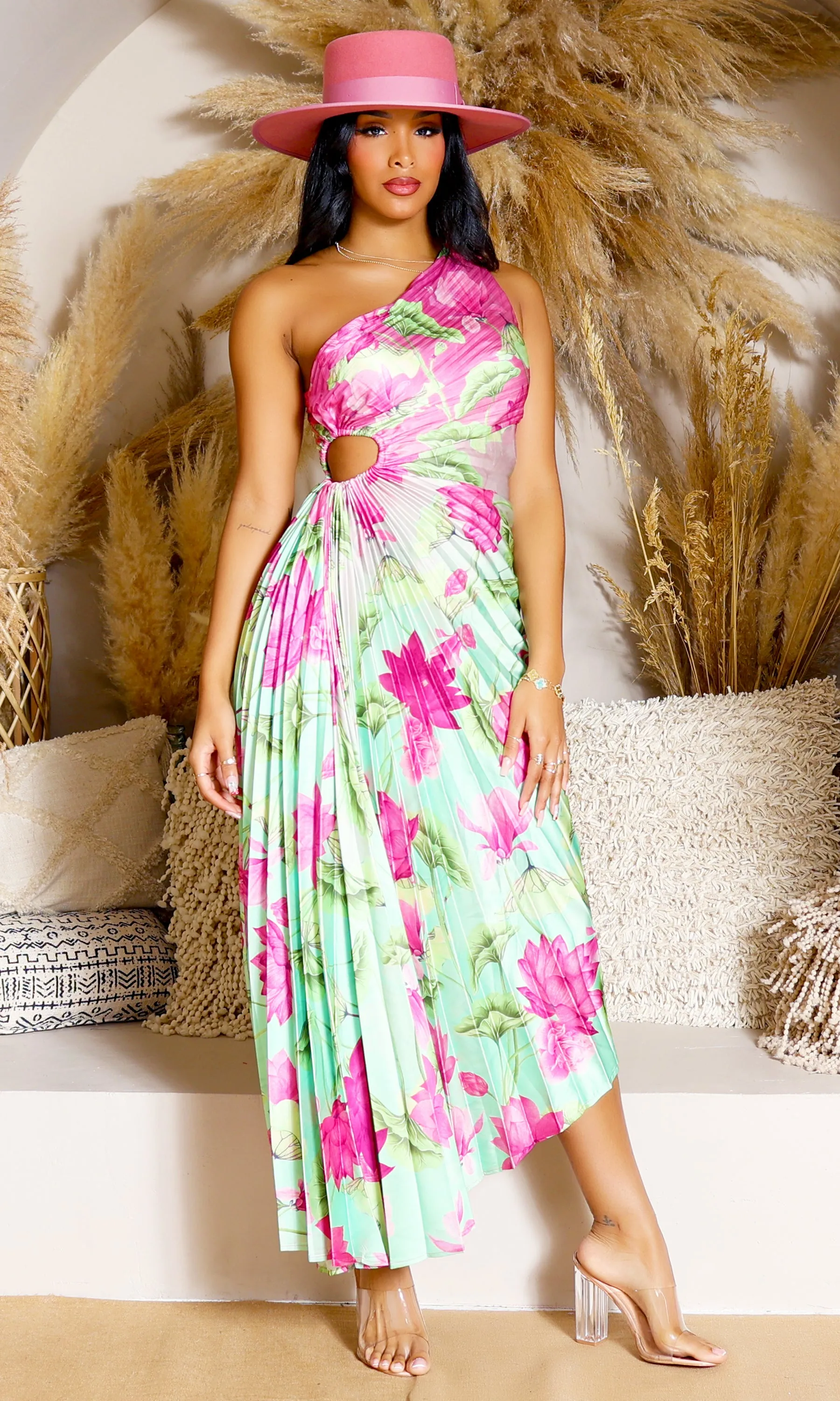 Gorgeous  | One-Shoulder Cutout Asymmetrical Dress - Pink Lime FINAL SALE