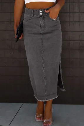 Grey Maxi Denim Skirt Raw Hem Slit Pocketed Midi Jean Skirt Women's Bottoms Cotton