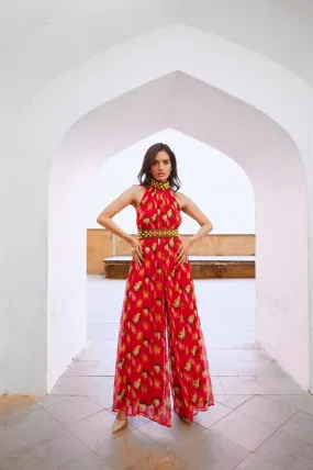 Gulbahar Chilly red bell jumpsuit with belt