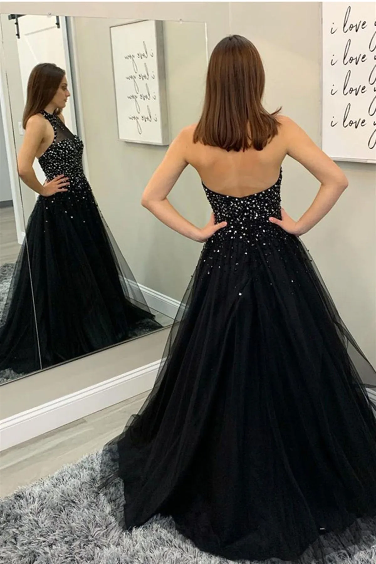 Halter Neck Backless Beaded Black Long Prom Dress, Beaded Black Formal Dress, Long Black Evening Dress A1419