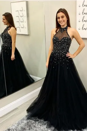 Halter Neck Backless Beaded Black Long Prom Dress, Beaded Black Formal Dress, Long Black Evening Dress A1419