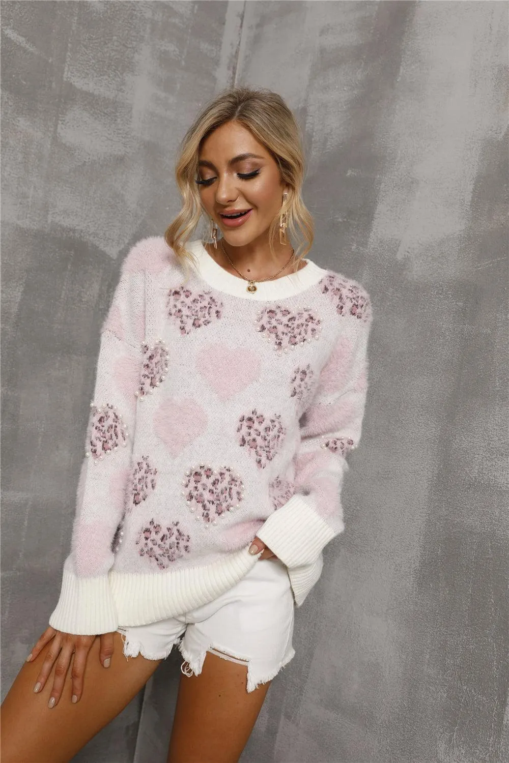 Heart Pattern Round Neck Long Sleeve Sweater