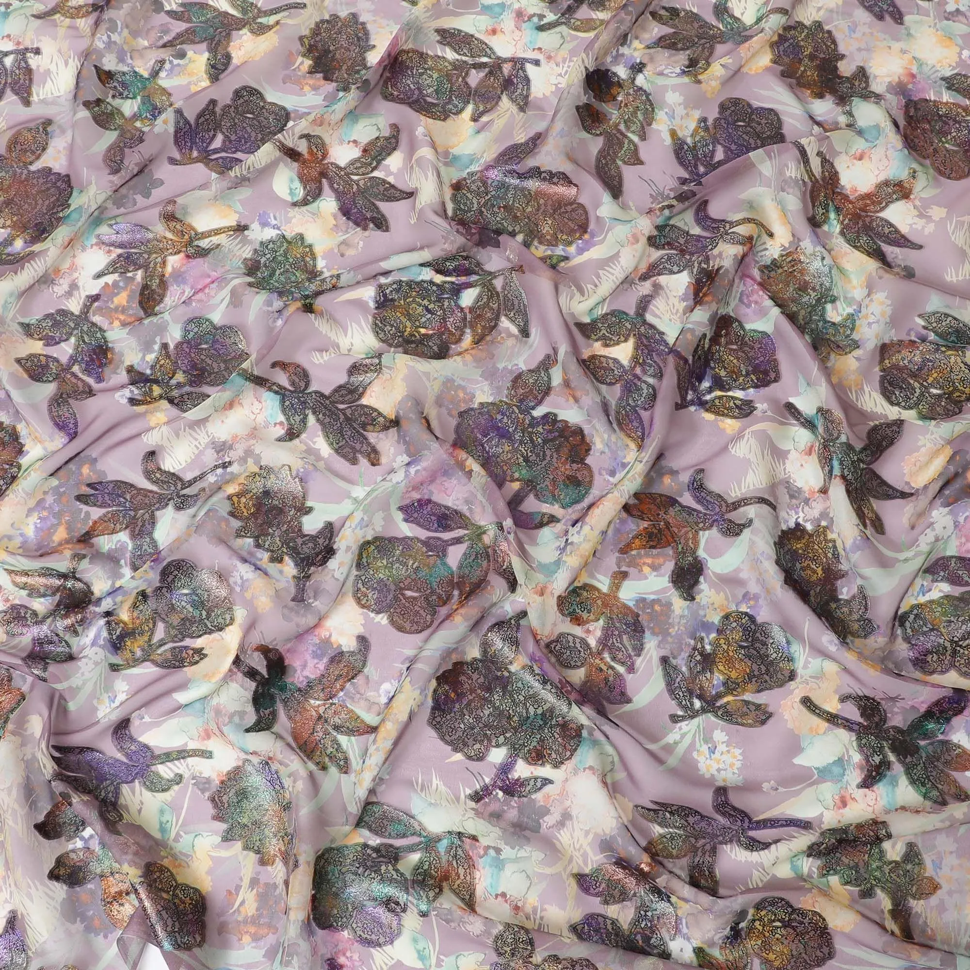 Heather purple premium pure silk chiffon fabric with multicolor print and multicolor metallic lurex in floral design-D9737