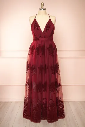 Hyade Burgundy | Plus Size Floral V-Neck Maxi Dress