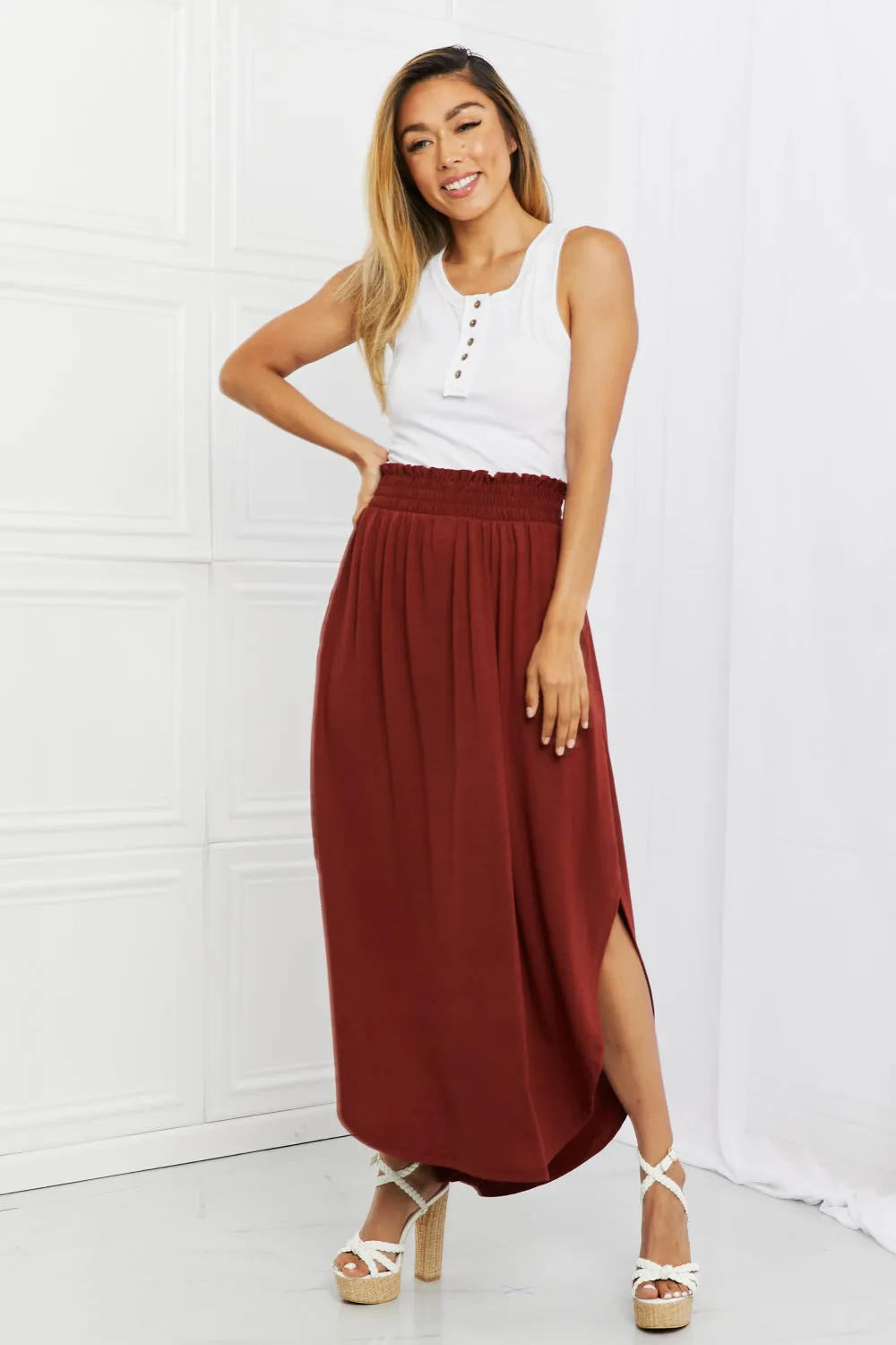 It's My Time Full Size Side Scoop Scrunch Skirt in Dark Rust