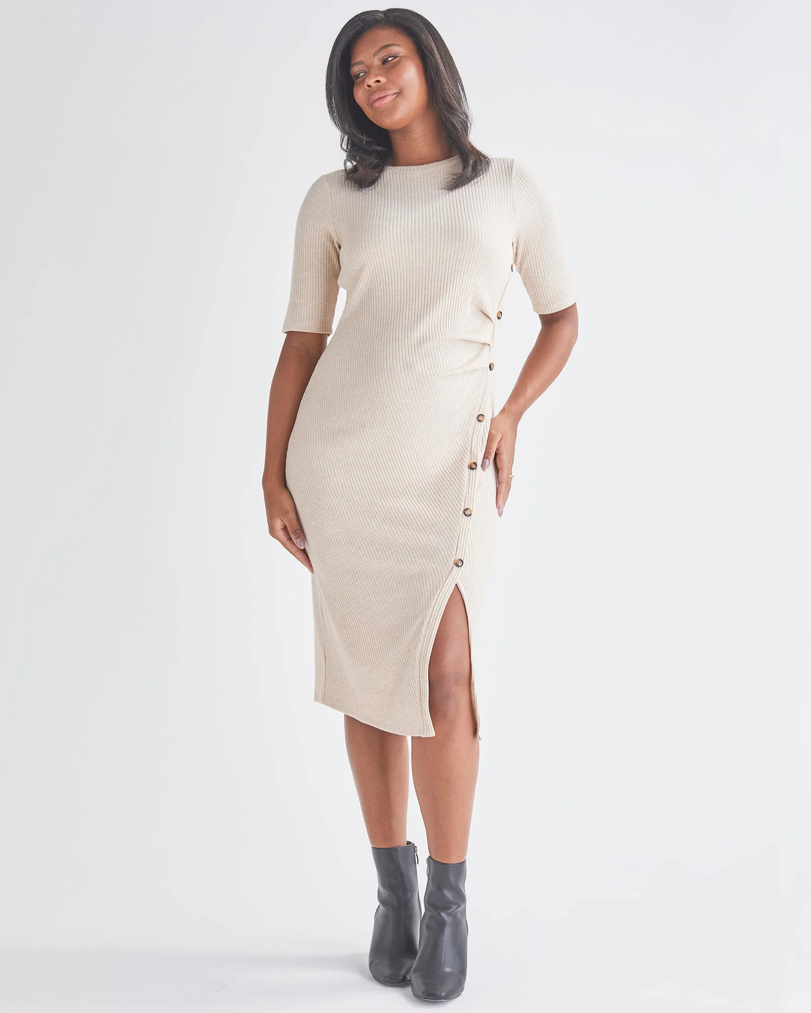 Juliet Maternity Bodycon Dress with Side Button Detail in Cream