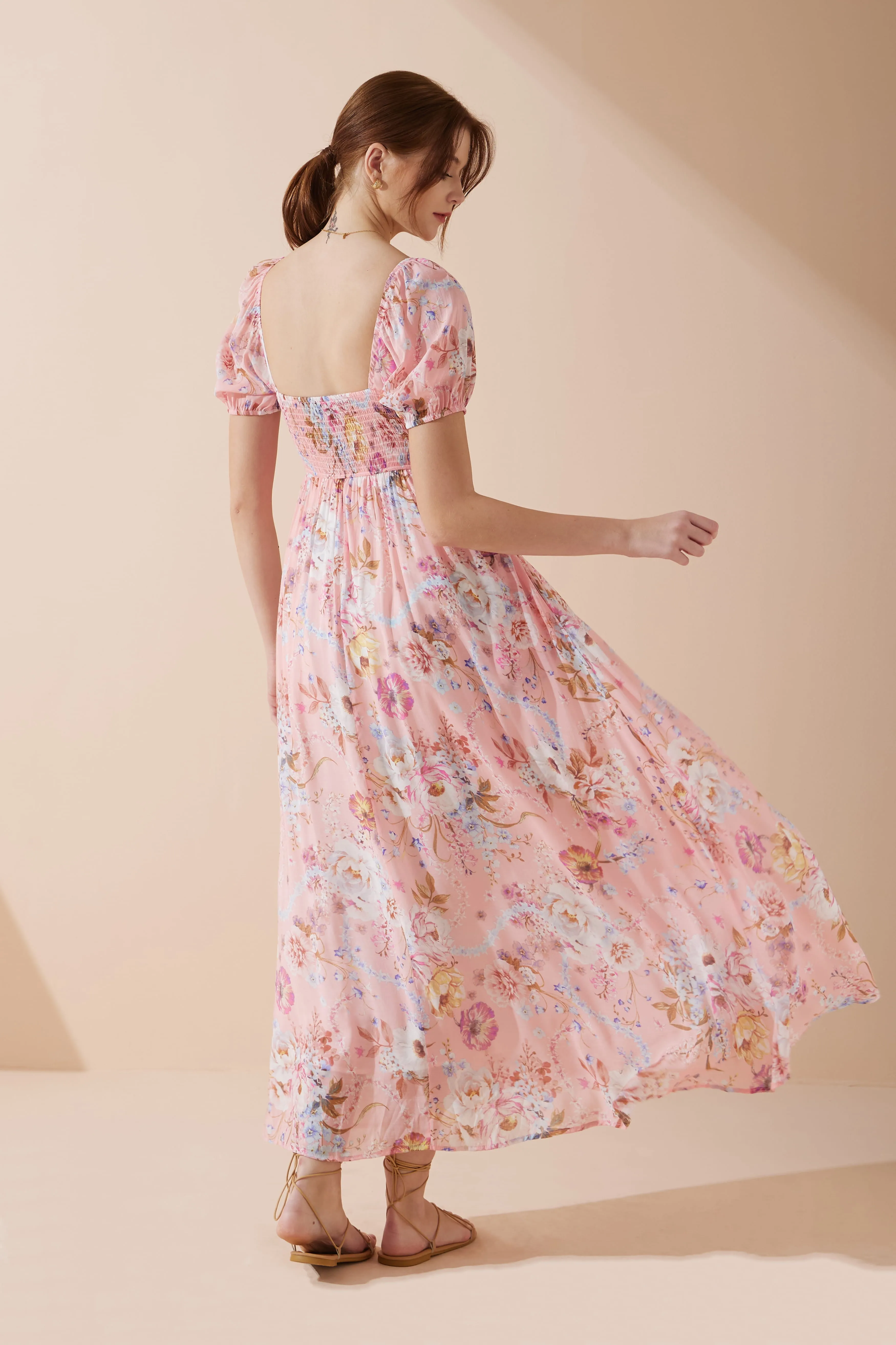 Juliette Pink Floral Puff Sleeve Maxi Dress