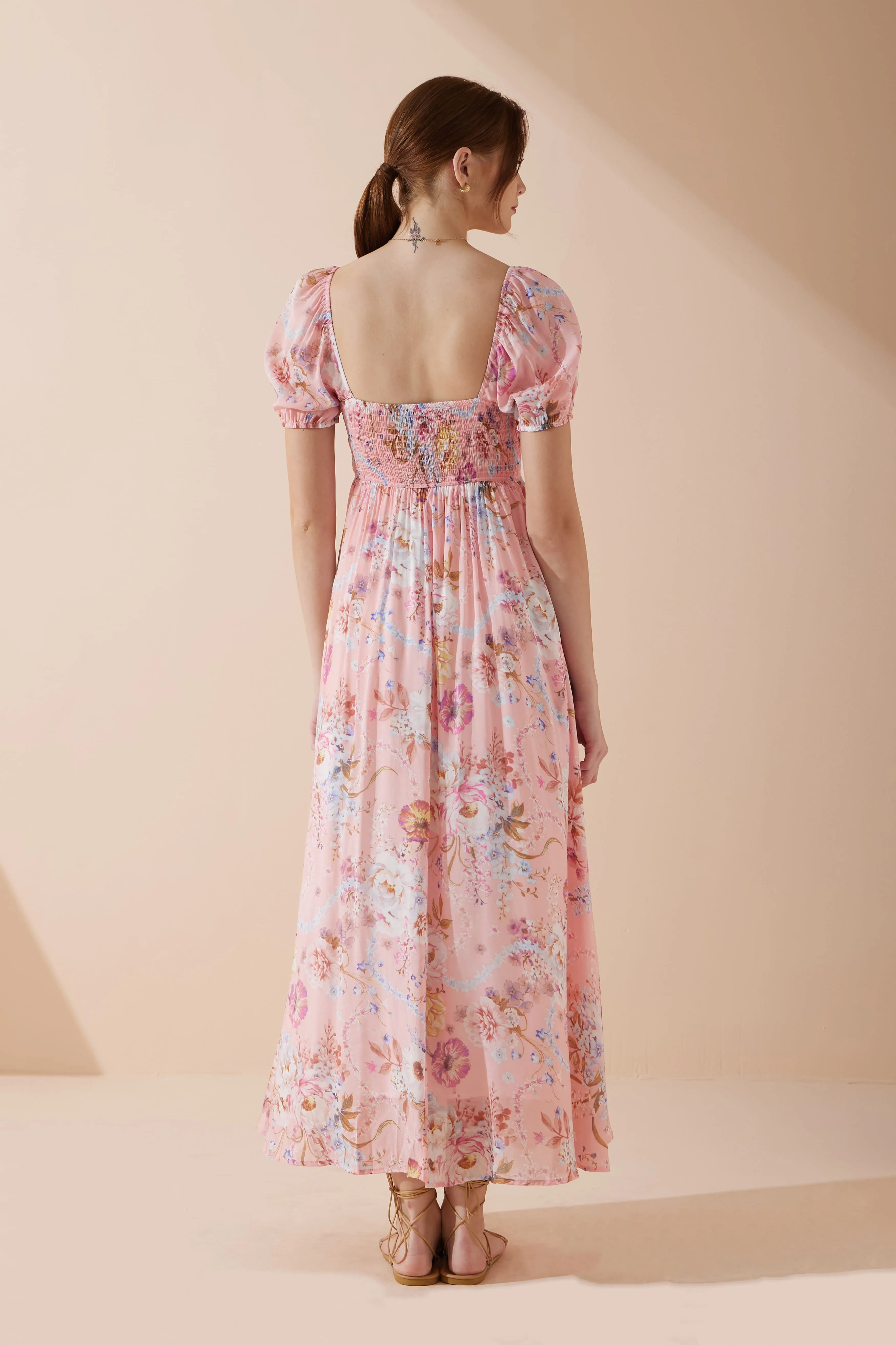 Juliette Pink Floral Puff Sleeve Maxi Dress