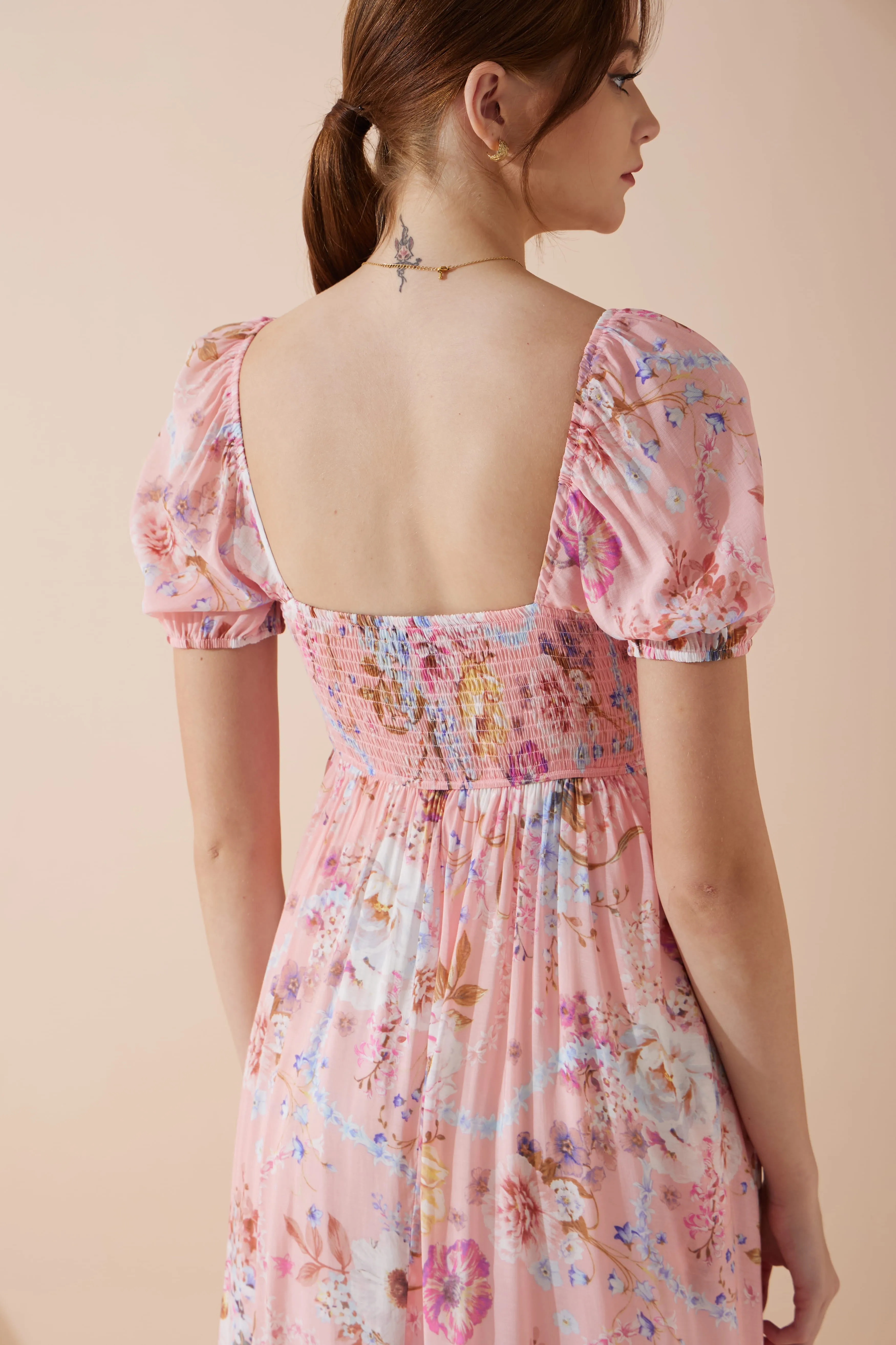 Juliette Pink Floral Puff Sleeve Maxi Dress