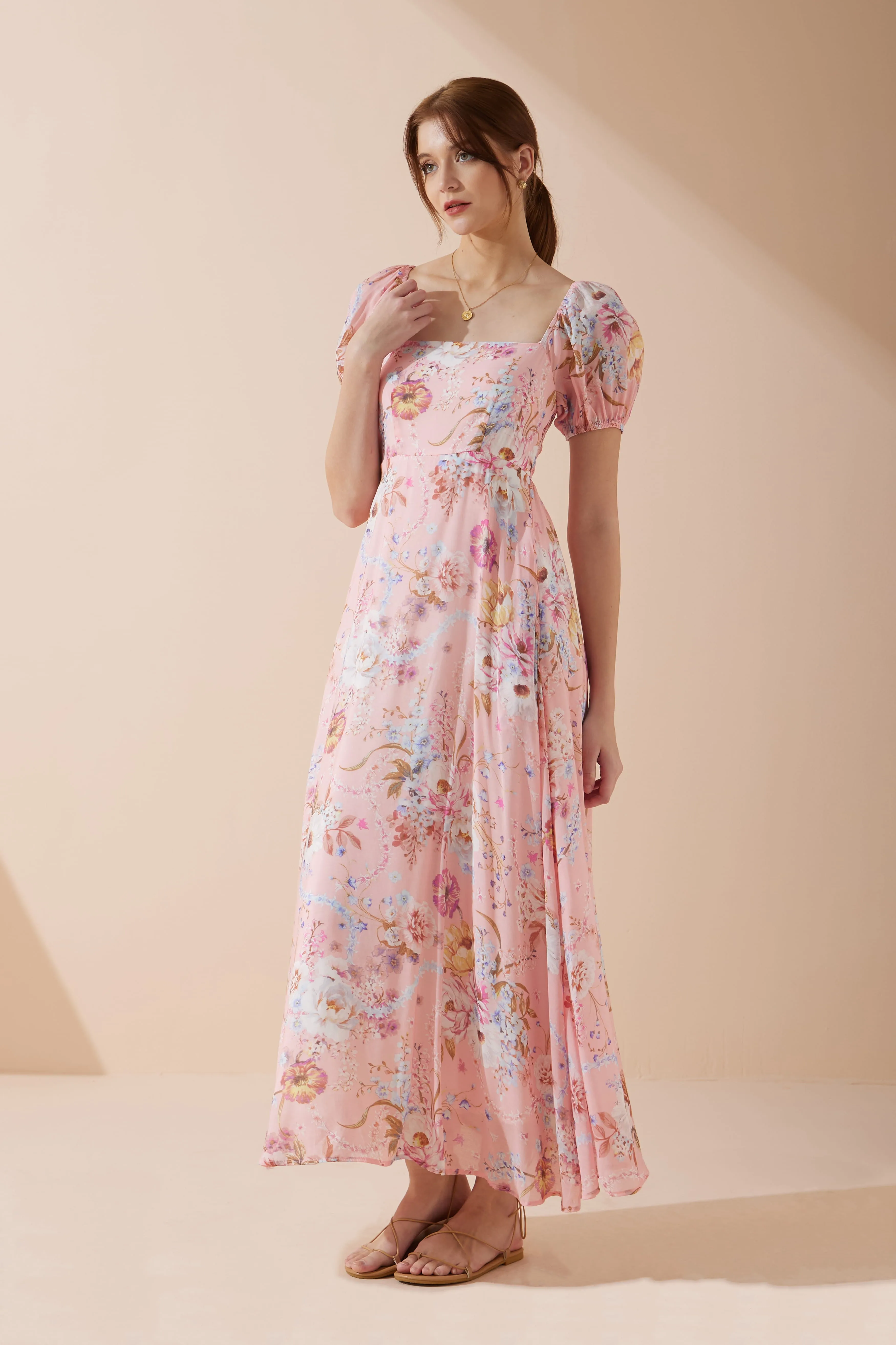 Juliette Pink Floral Puff Sleeve Maxi Dress