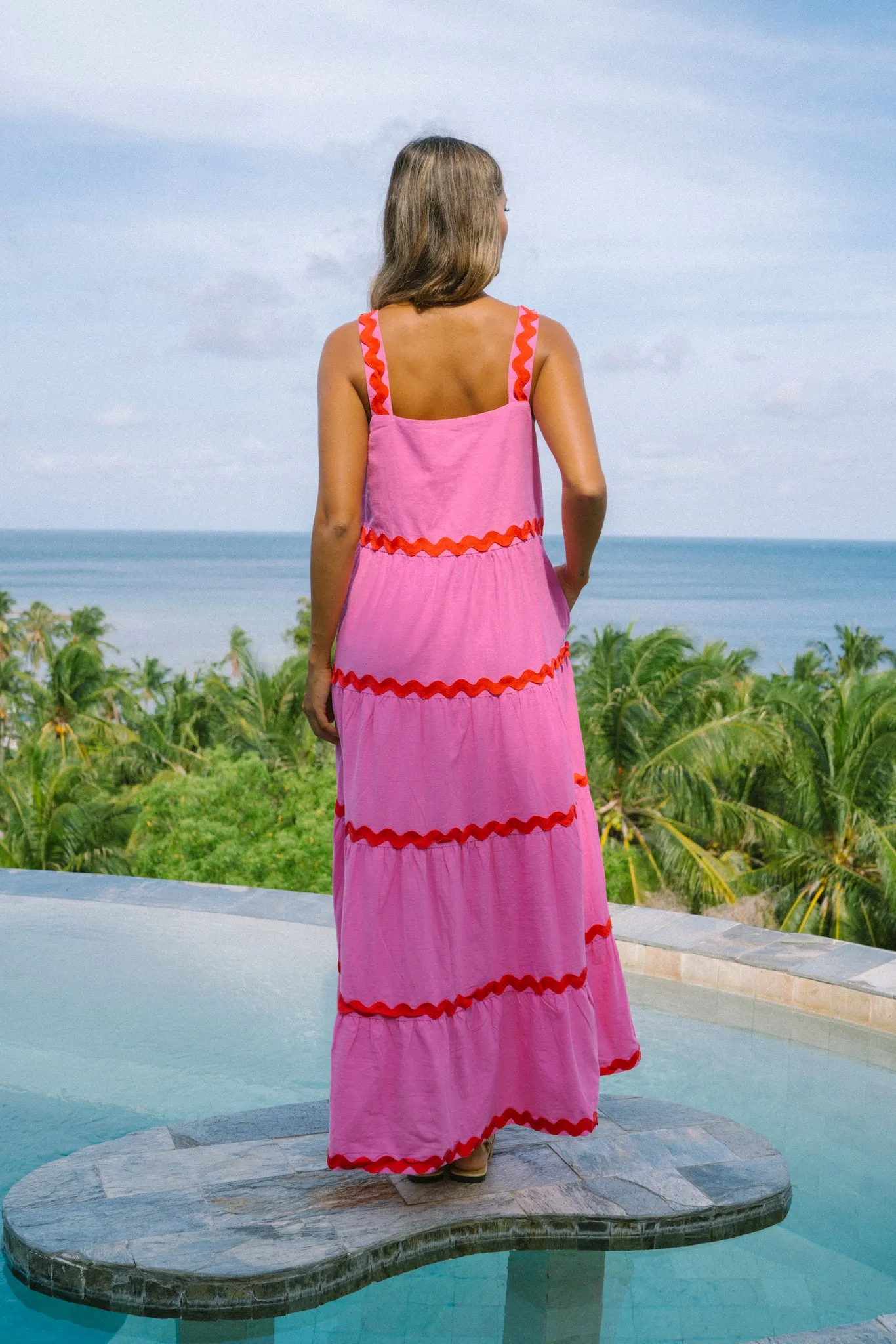 Kalliope Pink Red Ric Rac Tiered Maxi Dress