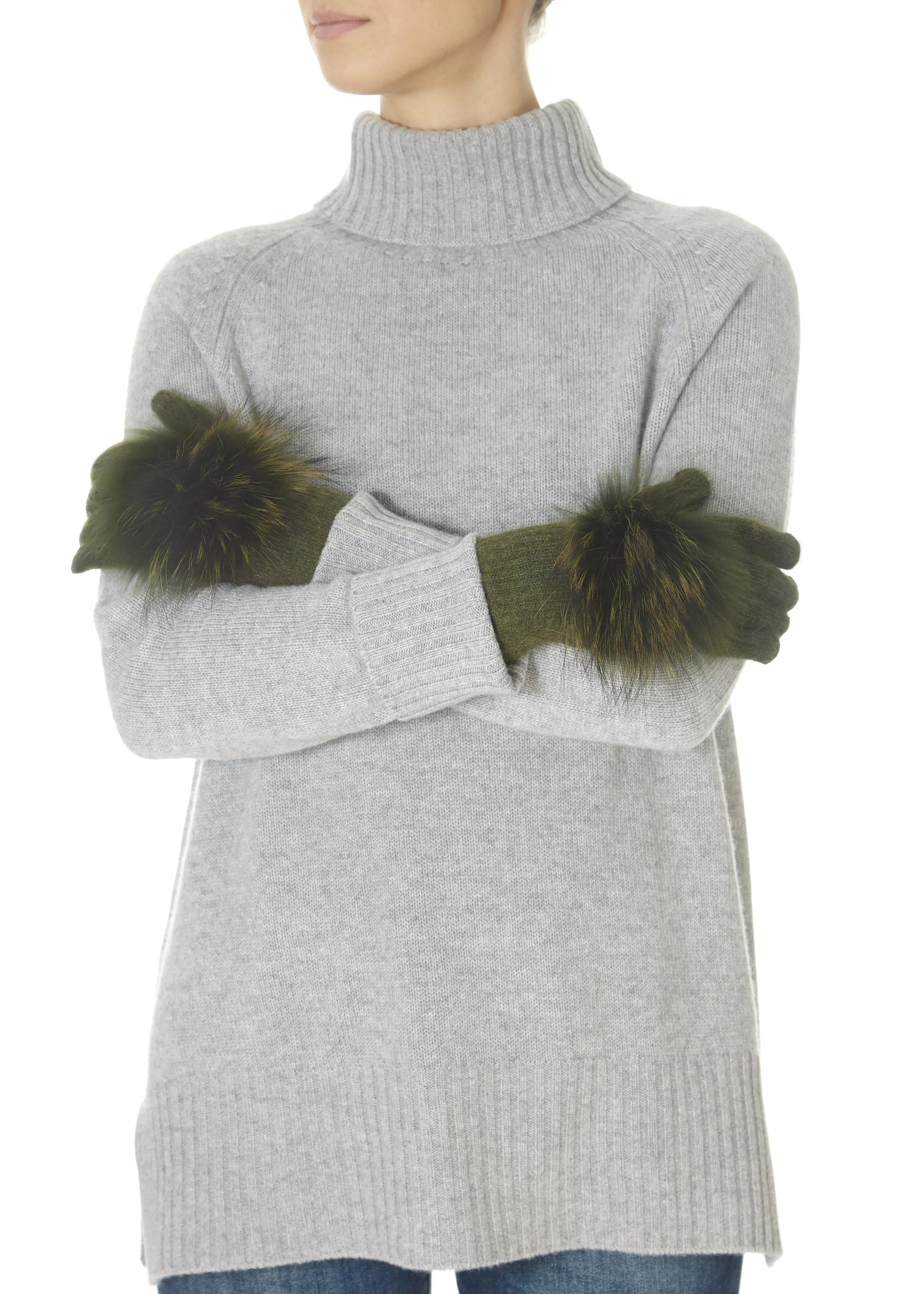 Khaki Green Fur Pom Gloves