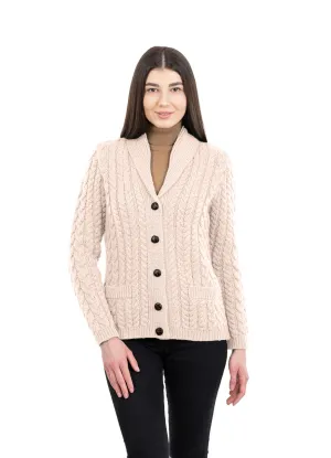 Ladies Merino Shawl Neck Cardigan - Parsnip