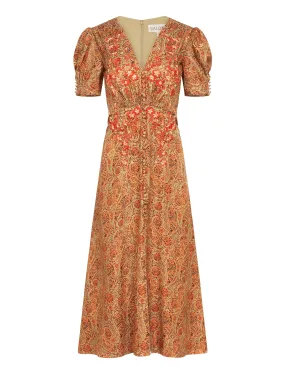 Lea Long Dress in Copper Paisley Embroidery