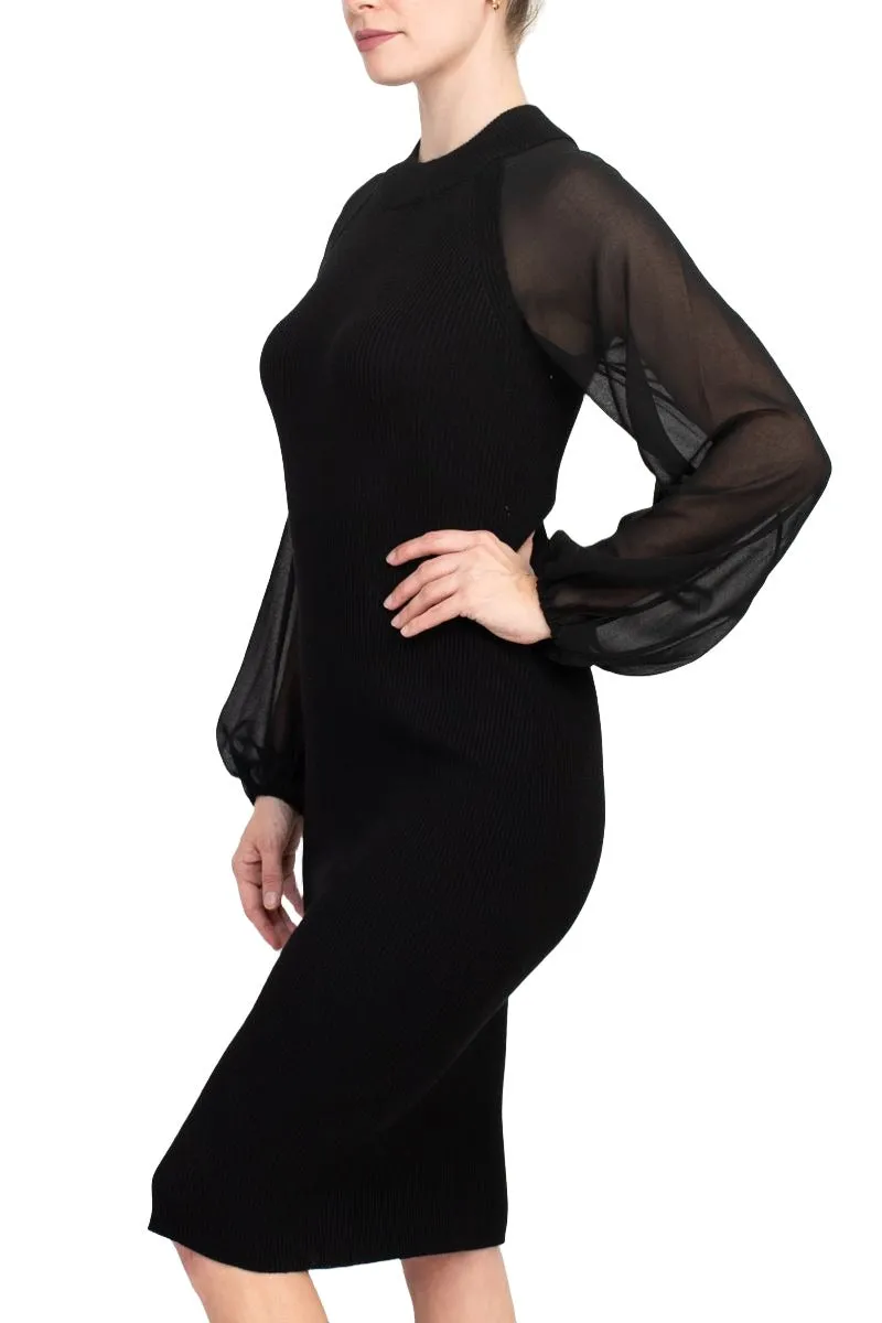 London Times crew neck chiffon long sleeve bodycon knit dress