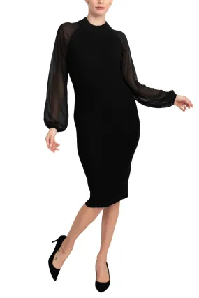 London Times crew neck chiffon long sleeve bodycon knit dress