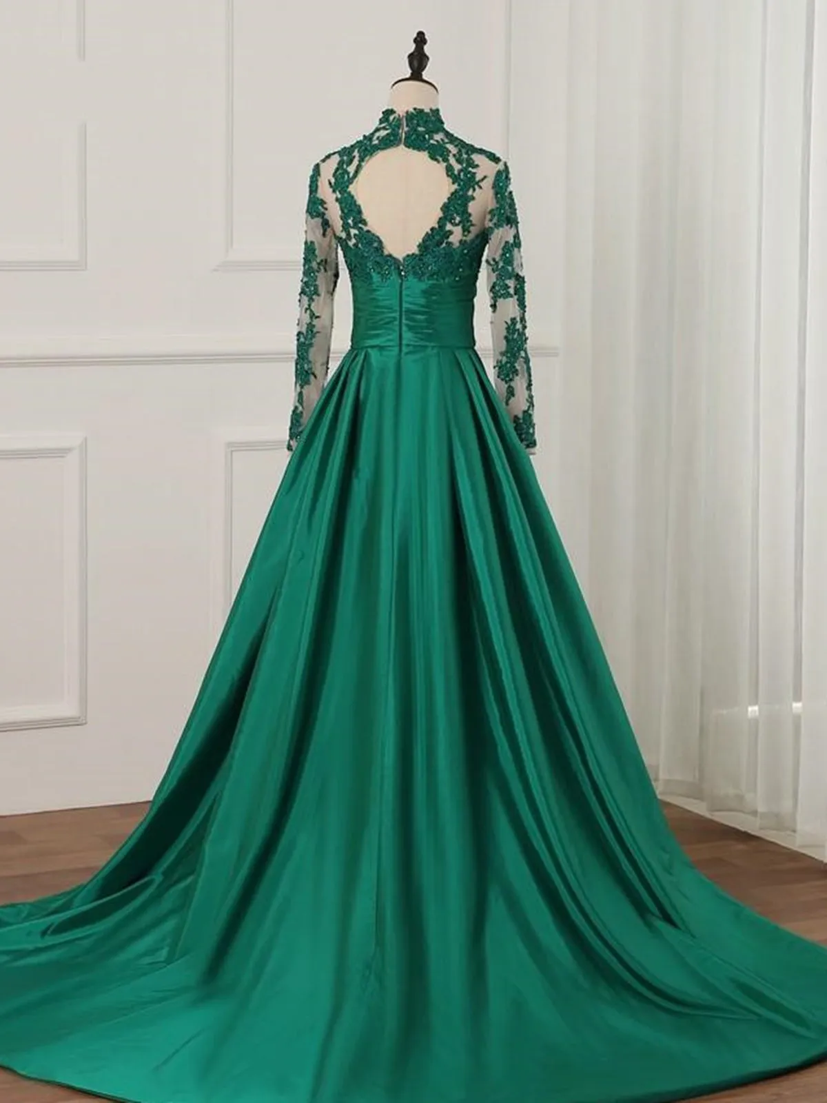 Long Sleeves High Neck Green Lace Prom Dresses, Green Lace Formal Dresses, Green Evening Dresses