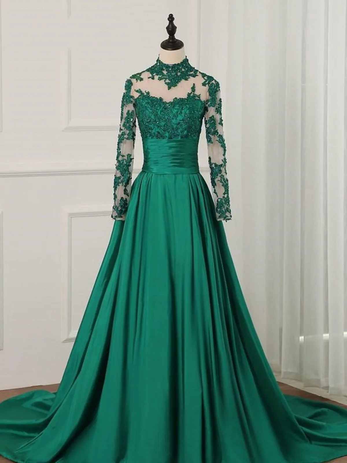 Long Sleeves High Neck Green Lace Prom Dresses, Green Lace Formal Dresses, Green Evening Dresses